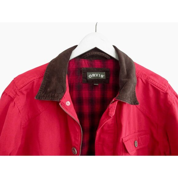 Vintage Orvis Field Jacket Mens L Red Brown Cord Trim Chore Barn Flannel Lined - Picture 2 of 8